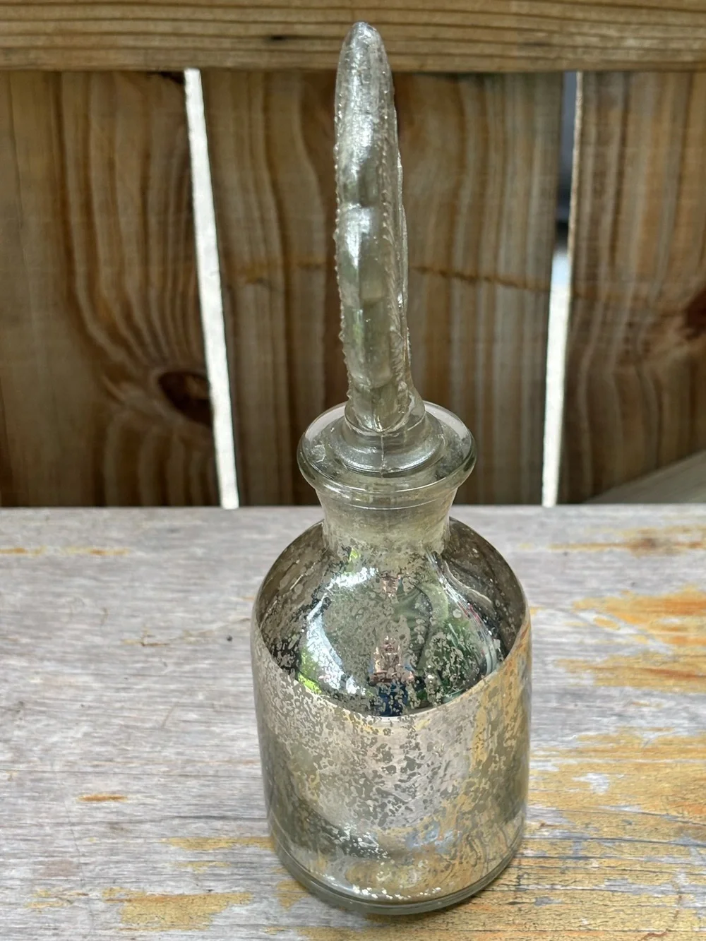 Pottery Barn Mercury Glass Decorative Bottle with Glass Stopper 8 7/8”H